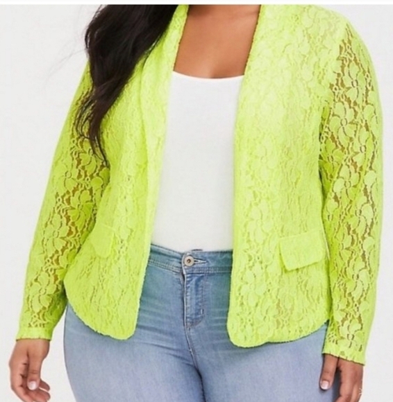 🍁🍂Nwot TORRID 2X NEON GREEN/YELLOW LACE BLAZER - Picture 1 of 6